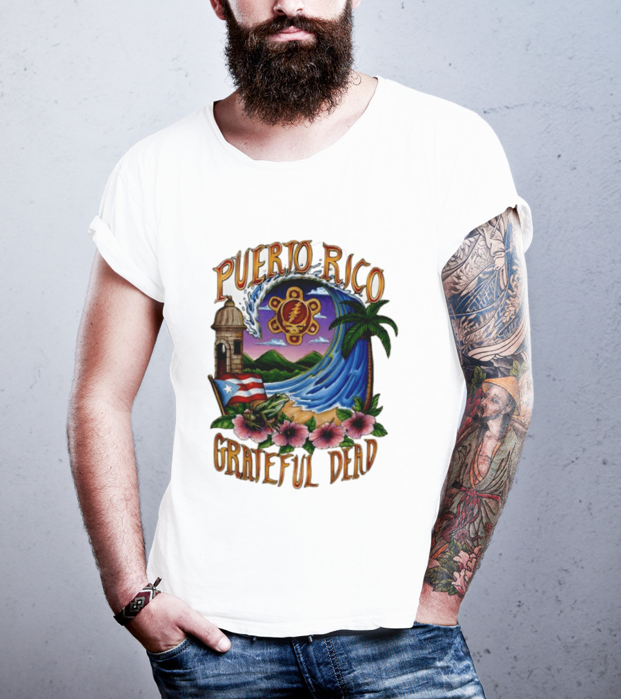 Puerto Rico Grateful Dead Tropical Wave With Hibiscus And Flag T-Shirt