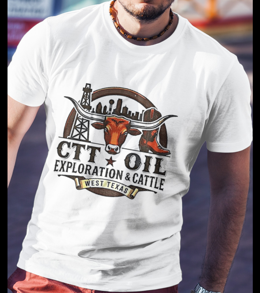 West Texas Longhorns CTT Oil Exploration And Cattle Skyline And Boot T-Shirt