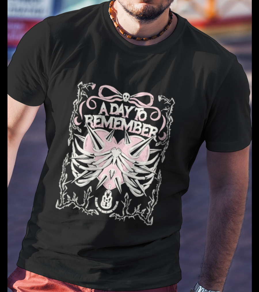A Day To Remember Spiked Heart Pink Bow Skull Ribcage T-Shirt