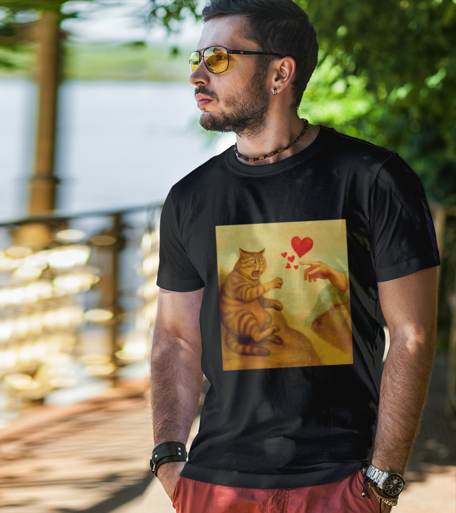 Cat Swatting God's Hand Surrounded By Hearts T-Shirt
