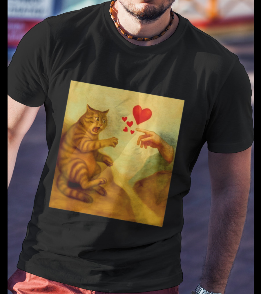 Cat Swatting God's Hand Surrounded By Hearts T-Shirt