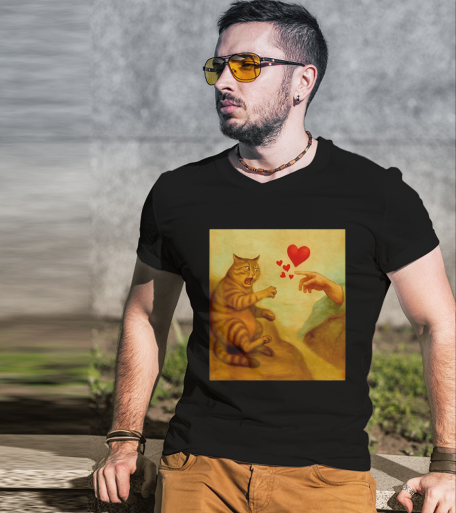Cat Swatting God's Hand Surrounded By Hearts T-Shirt