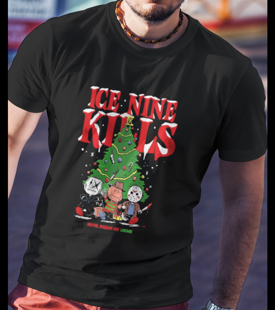 Ice Nine Kills Silver Scream Con Festive Horror Villains Christmas Tree T-Shirt