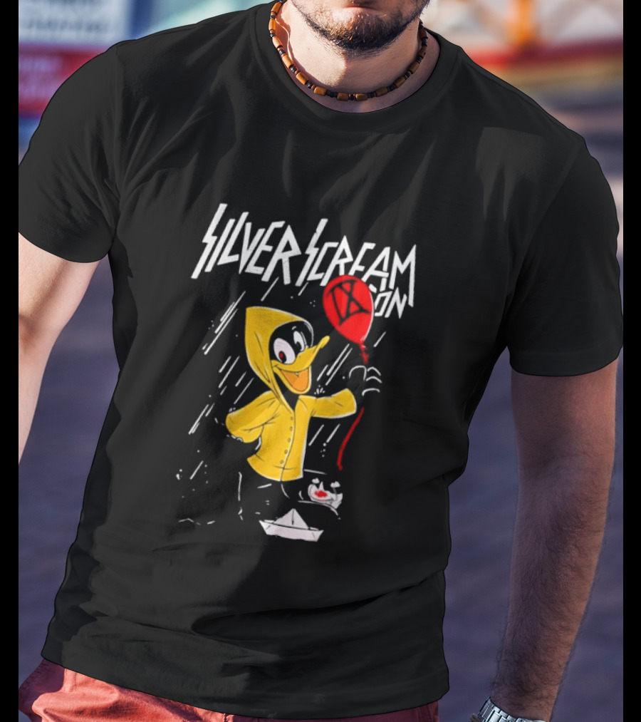SILVER SCREAM CON Duck In Yellow Raincoat With Red Balloon T-Shirt