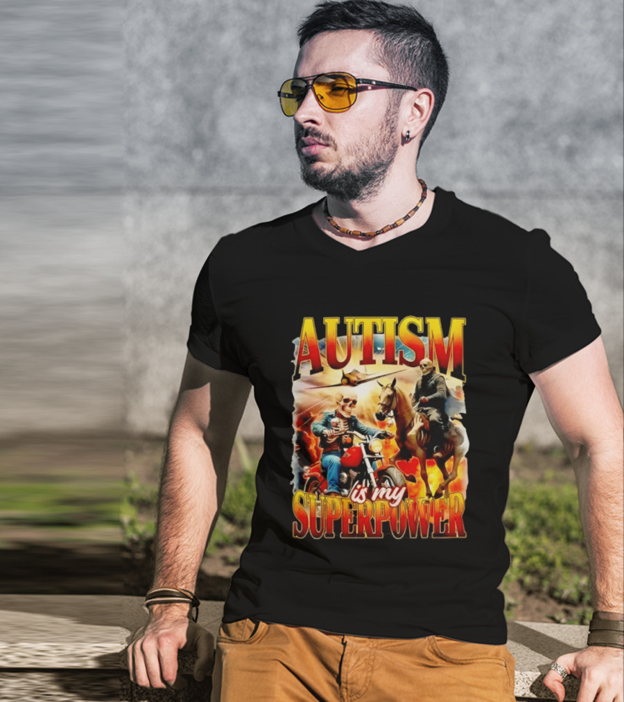 Autism Is My Superpower Skeletons On Motorcycle And Horse T-Shirt