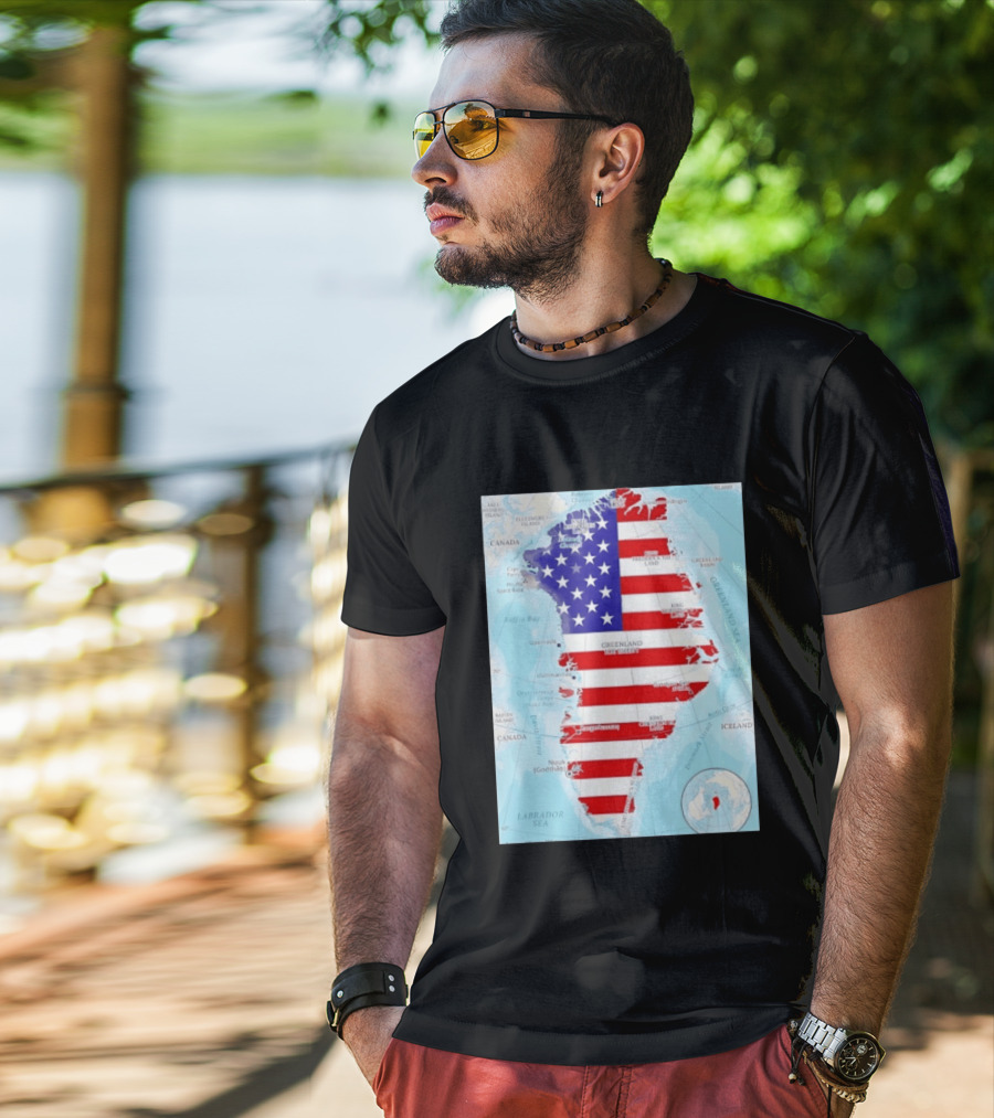 USA Flag Over Greenland Map American Patriot T-Shirt