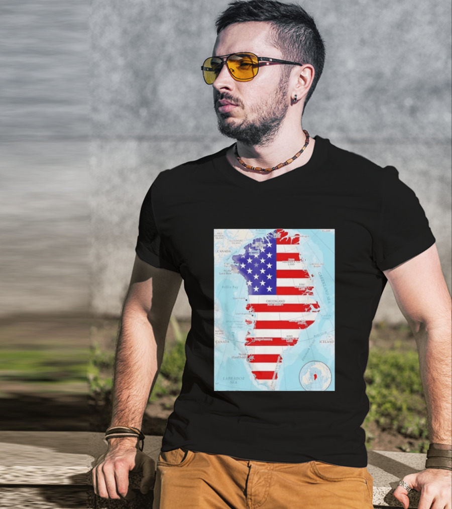 USA Flag Over Greenland Map American Patriot T-Shirt