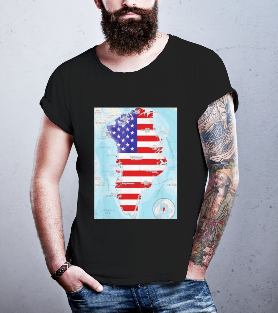 USA Flag Over Greenland Map American Patriot T-Shirt