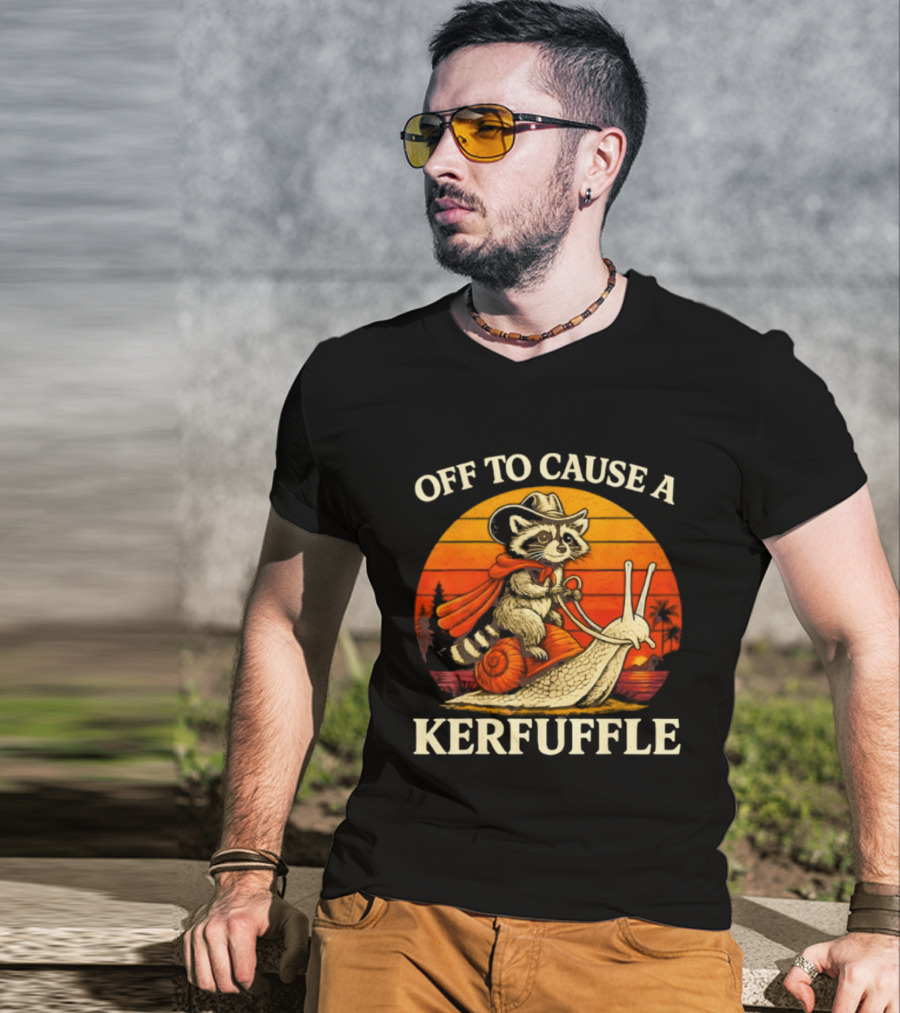 Off To Cause A Kerfuffle Raccoon Riding Snail Cowboy Adventure T-Shirt