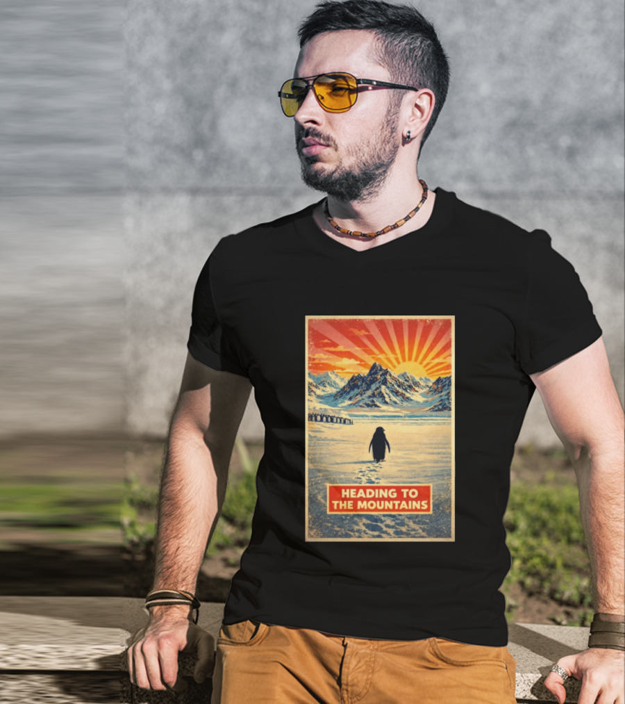 Penguin Journey Heading To The Mountains Sunrise T-Shirt
