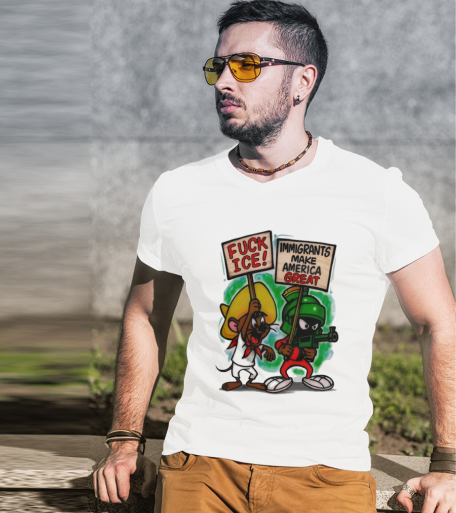 Fuck Ice Immigrants Make America Great Characters With Signs T-Shirt