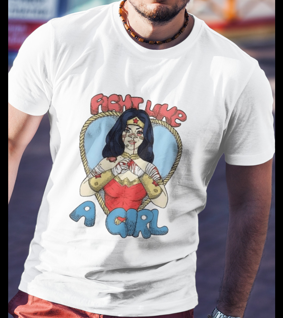 Wonder Woman Fight Like A Girl Cartoon Heart Rope Border T-Shirt