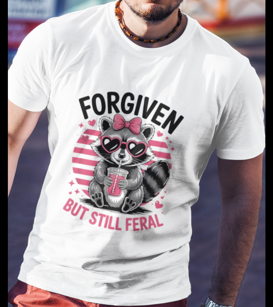 Forgiven But Still Feral Raccoon With Heart Glasses And Bow T-Shirt