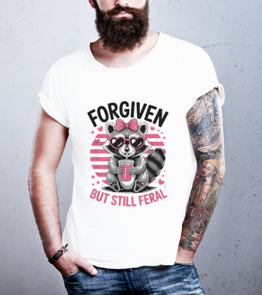 Forgiven But Still Feral Raccoon With Heart Glasses And Bow T-Shirt