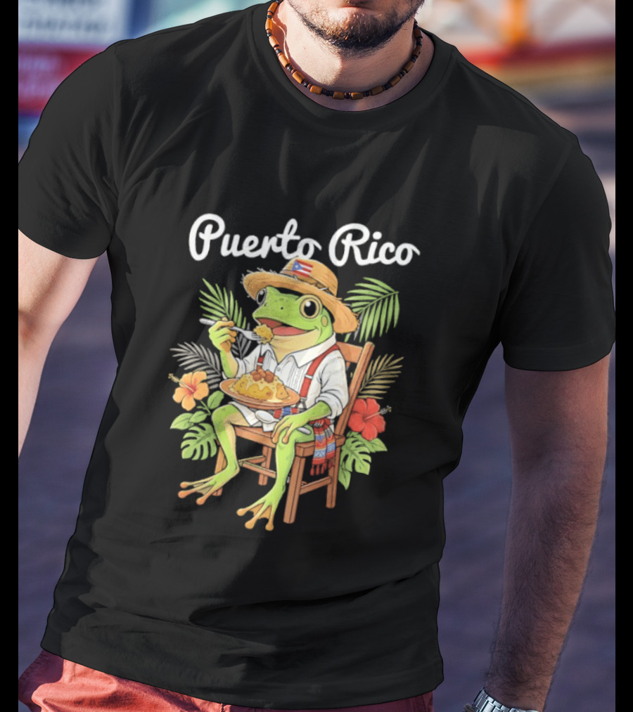 Puerto Rico Coqui Frog Eating Mofongo Taino Boricua Flag Hispanic T-Shirt