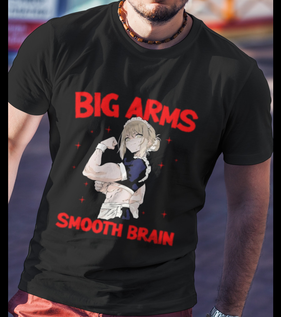 Big Arms Smooth Brain Anime Maid Flexing Strong Muscles T-Shirt