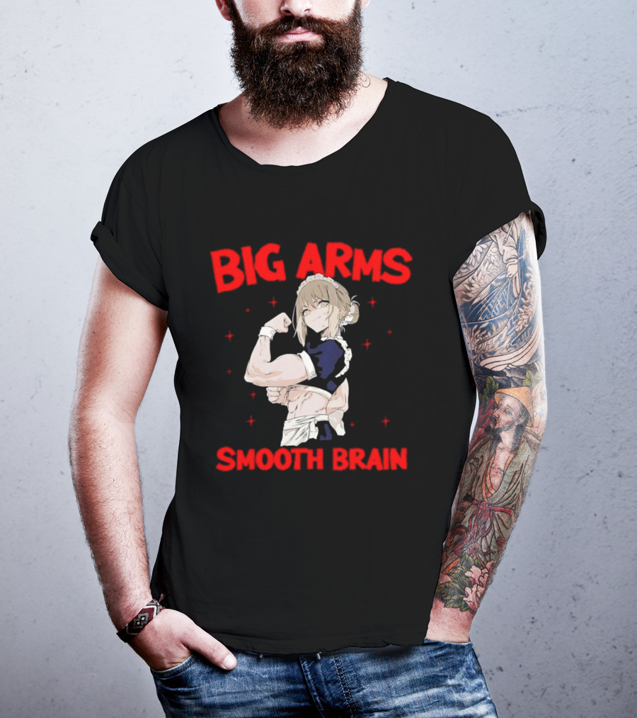 Big Arms Smooth Brain Anime Maid Flexing Strong Muscles T-Shirt