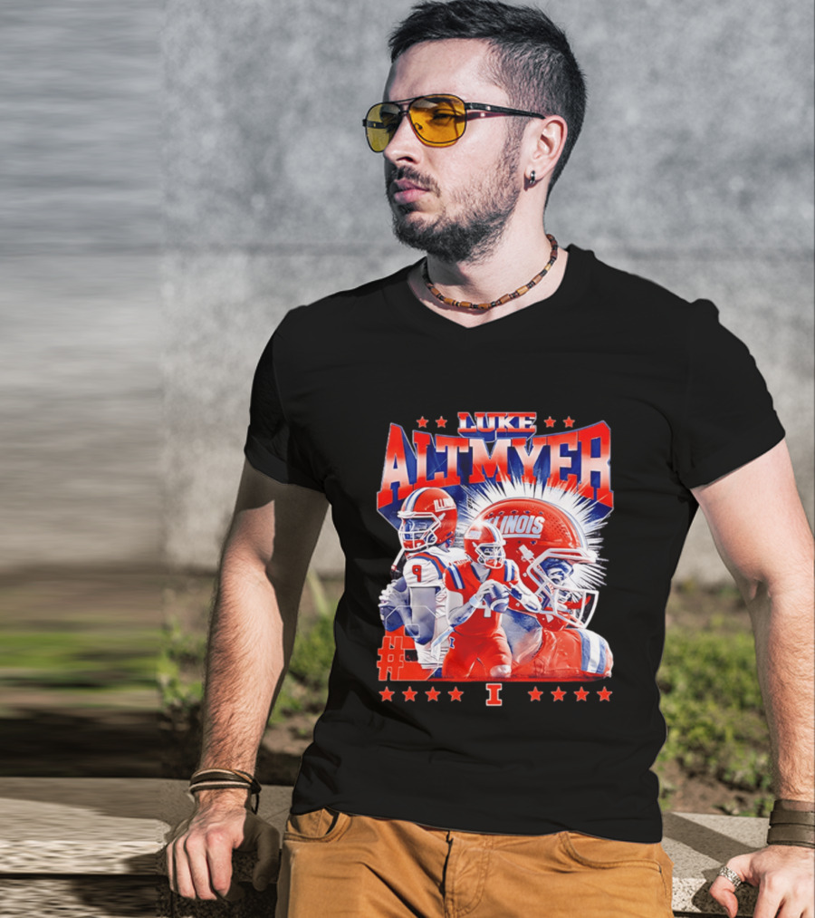 Luke Altmyer Illinois Football NCAA Legends Player Collage Helmet Stars T-Shirt