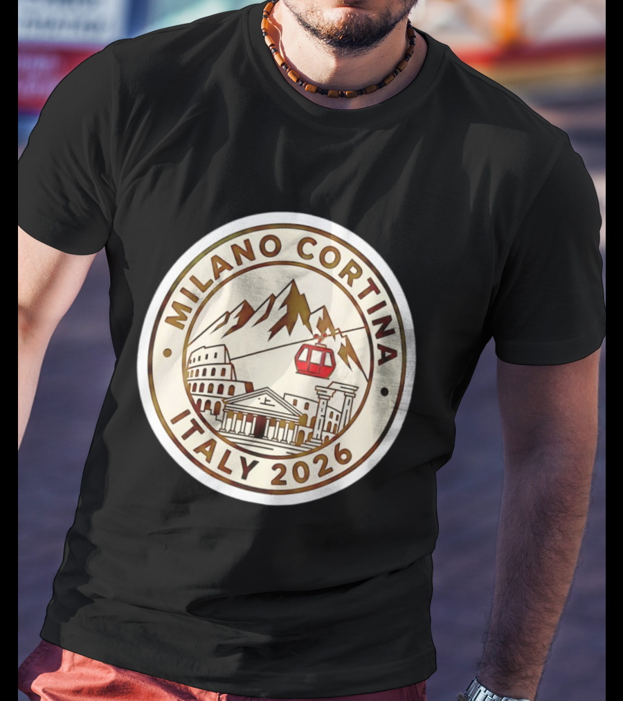 Milano Cortina Italy 2026 Winter Sports Emblem With Italian Landmarks And Mountains T-Shirt