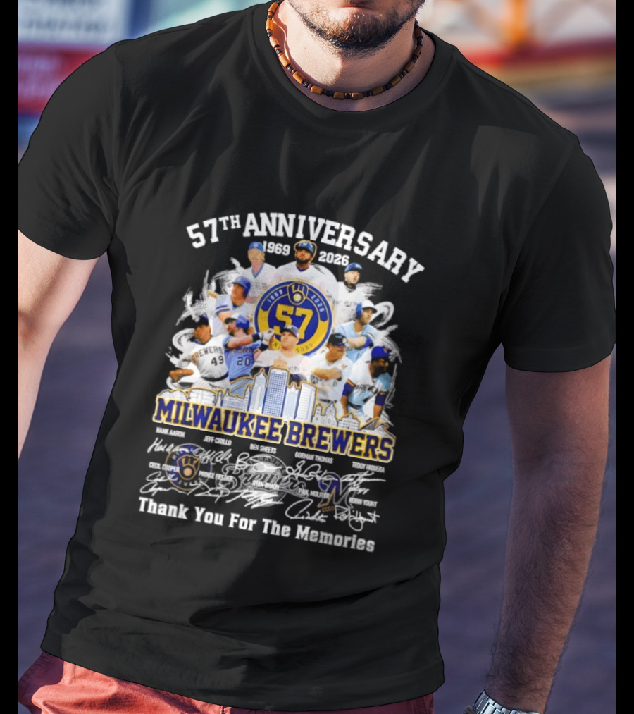 Milwaukee Brewers 57th Anniversary 1969 2026 Players City Skyline Thank You For The Memories T-Shirt