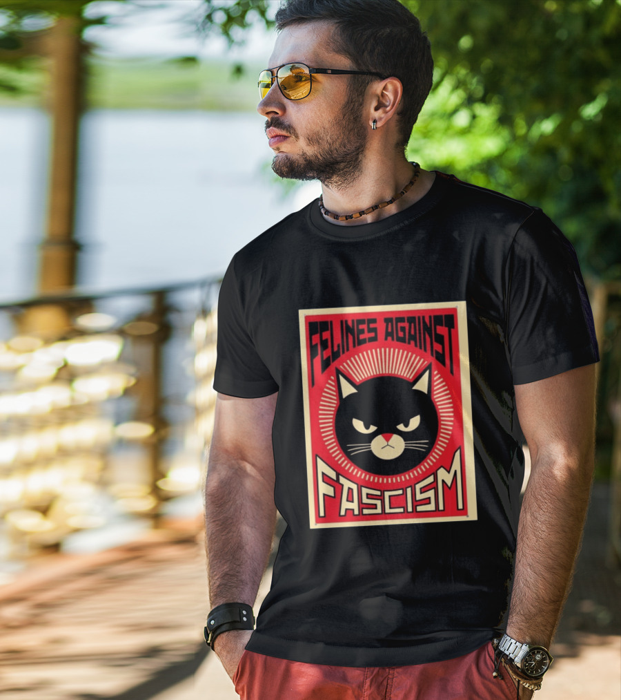 Felines Against Fascism Black Cat Political Satire Lorenzo T-Shirt