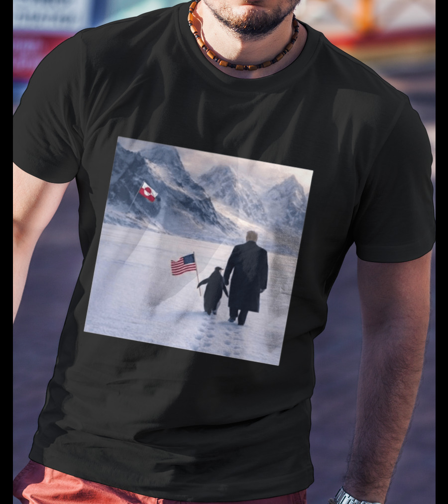 Nihilist Penguin Walking With Trump Antarctica American Flag Greenland Flag T-Shirt