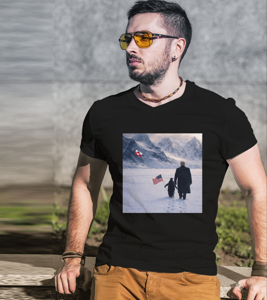 Nihilist Penguin Walking With Trump Antarctica American Flag Greenland Flag T-Shirt