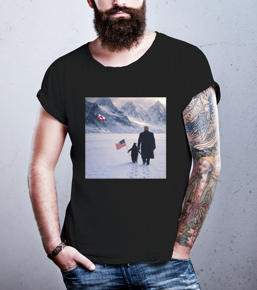 Nihilist Penguin Walking With Trump Antarctica American Flag Greenland Flag T-Shirt