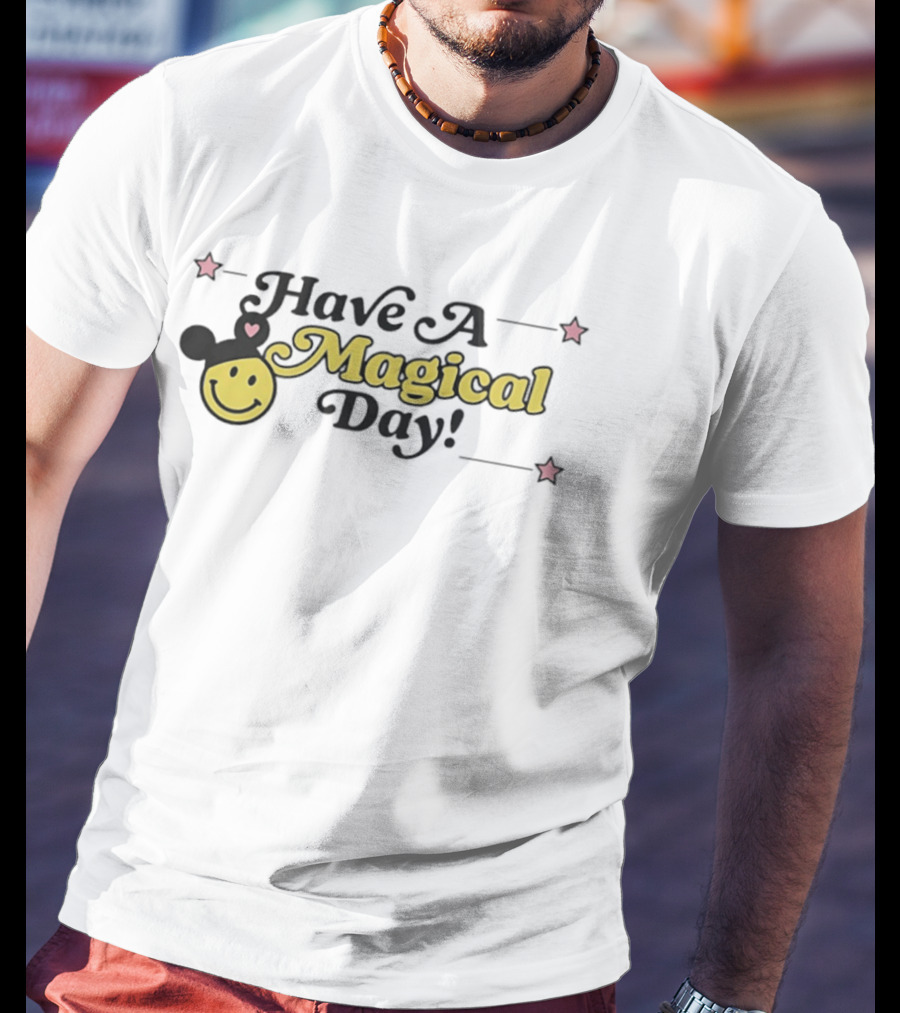 Have A Magical Day Smiley Face With Mouse Ears And Pink Stars T-Shirt