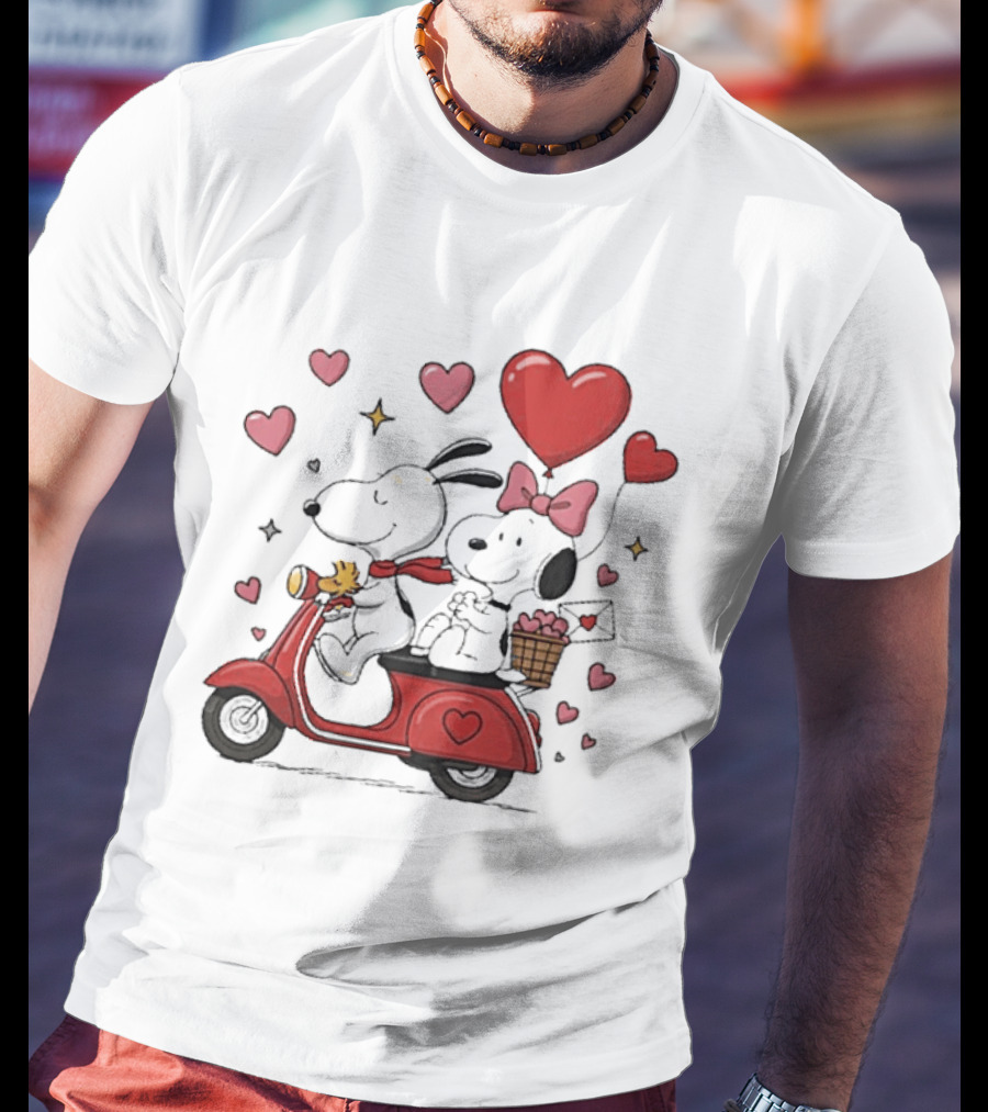 Valentines Day Snoopy Couple Riding Scooter With Hearts And Balloons T-Shirt