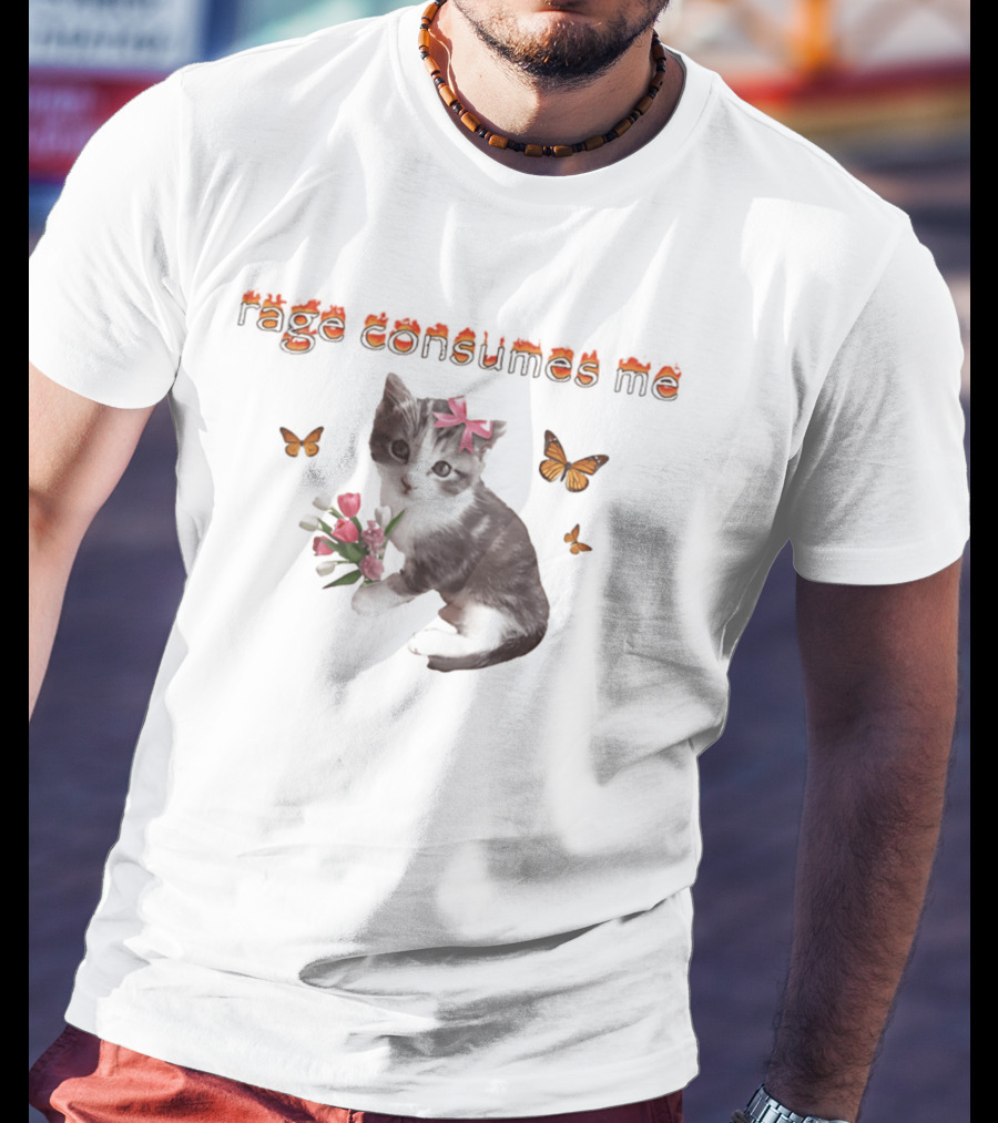 Rage Consumes Me Cat Cute Kitten With Bow Flowers Butterflies T-Shirt