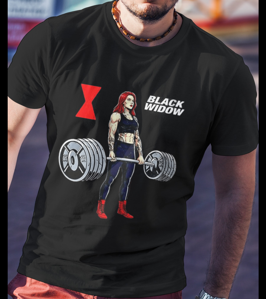 Black Widow Weightlifting Gym Workout Red Hourglass T-Shirt