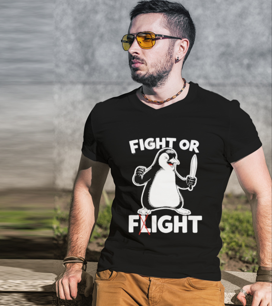 Penguin Holding Knife Fight Or Flight Meme T-Shirt