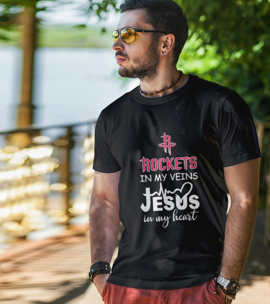 Rockets In My Veins Jesus In My Heart Houston Rockets Basketball Faith T-Shirt