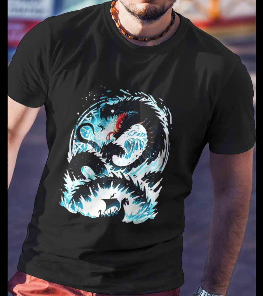 Jörmungandr World Serpent Norse Mythology Viking Ship Ocean Waves T-Shirt