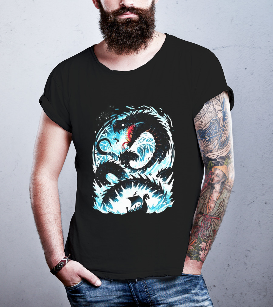 Jörmungandr World Serpent Norse Mythology Viking Ship Ocean Waves T-Shirt