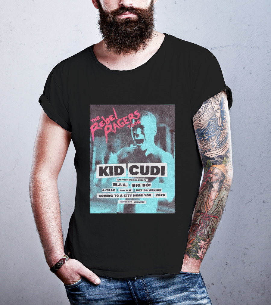 Kid Cudi The Rebel Ragers Tour 2026 Featuring M.I.A. Big Boi A Trak And Dot Da Genius T-Shirt