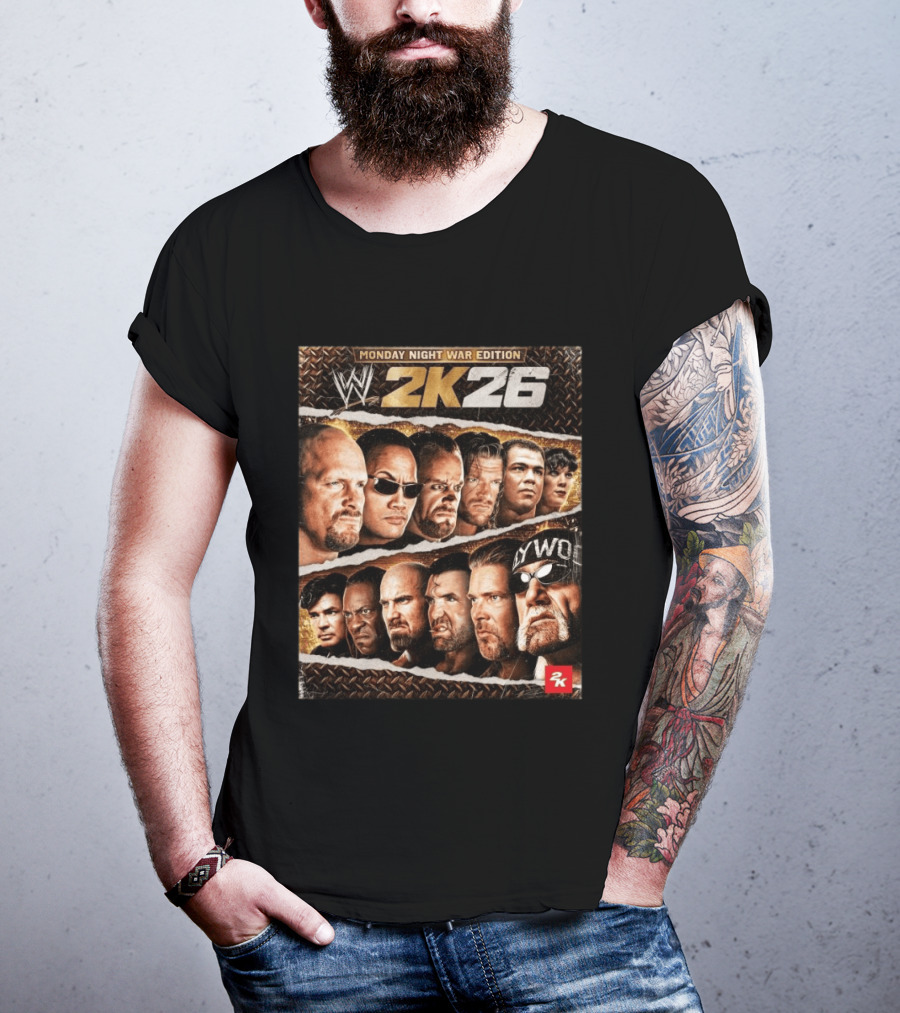 WWE 2K26 Monday Night War Edition Stone Cold Steve Austin Hollywood Hogan The Rock Shawn Michaels Triple H Cover T-Shirt