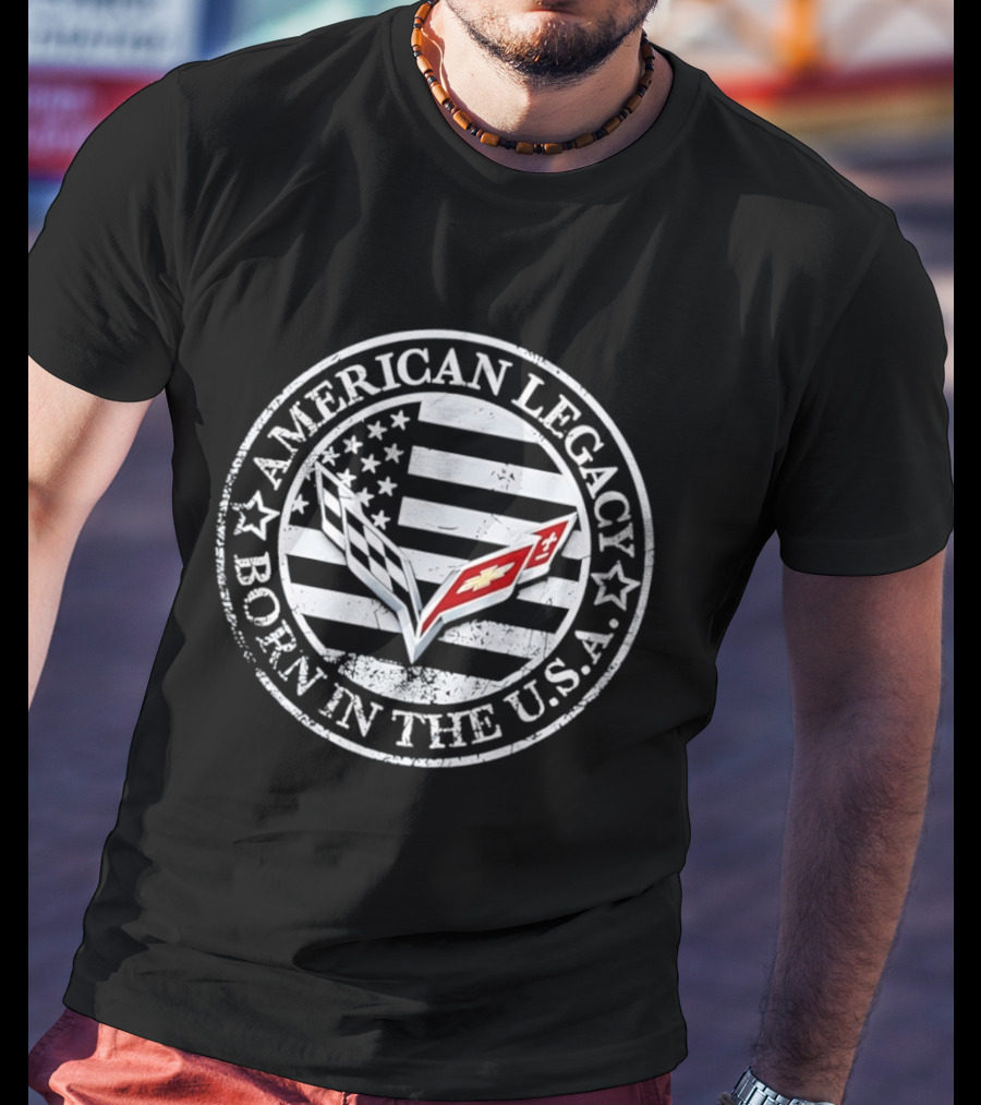 American Legacy Born In The USA Corvette Chevy Emblem Stars And Stripes T-Shirt