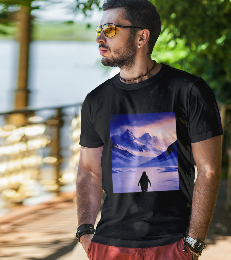 Nihilist Penguin Silhouette In Mountainous Ice Landscape T-Shirt