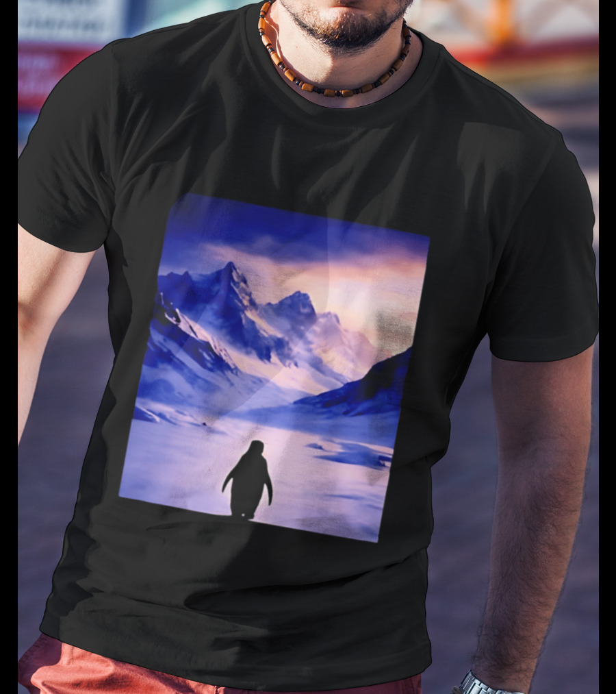 Nihilist Penguin Silhouette In Mountainous Ice Landscape T-Shirt