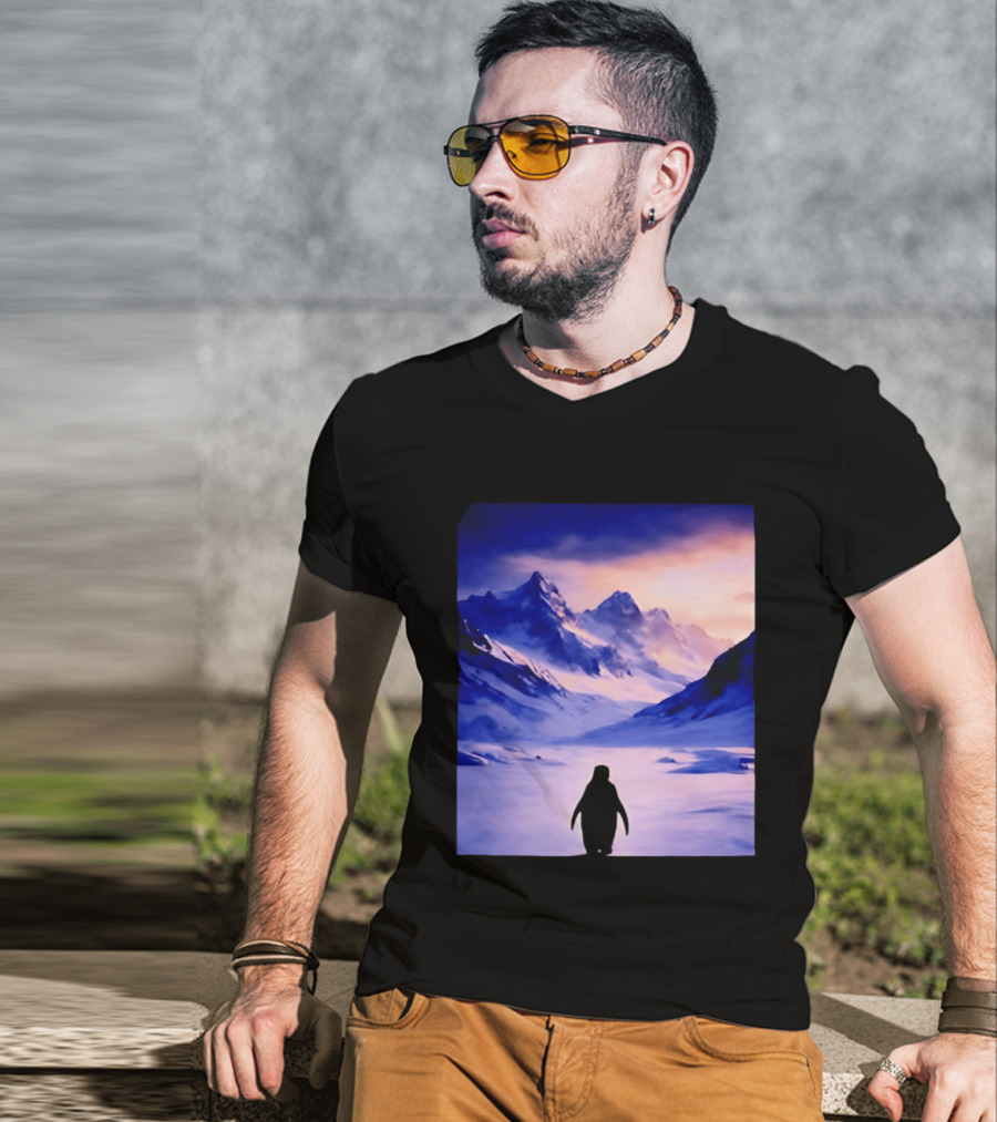 Nihilist Penguin Silhouette In Mountainous Ice Landscape T-Shirt