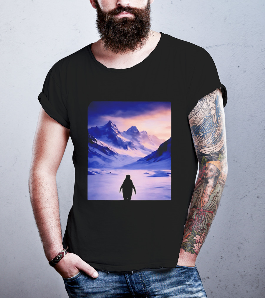 Nihilist Penguin Silhouette In Mountainous Ice Landscape T-Shirt