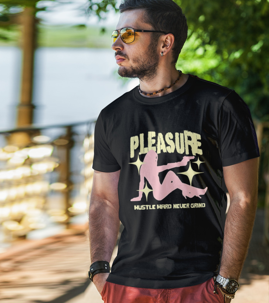 Pleasure Hustle Hard Never Grind Pink Silhouette With Stars T-Shirt