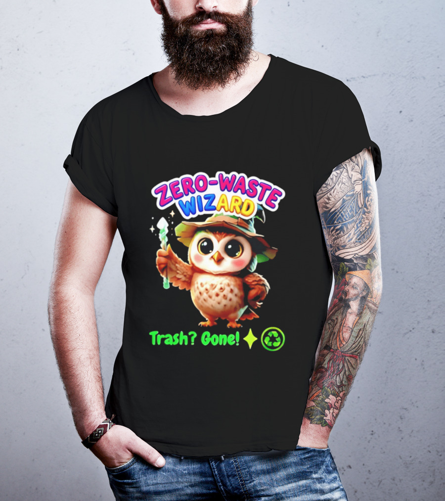 Zero Waste Wizard Owl With Magic Wand Trash Gone Recycling T-Shirt