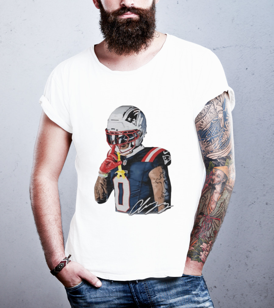 Christian Gonzalez Patriots Number Zero Shh Gesture Helmet Tattoo Football T-Shirt