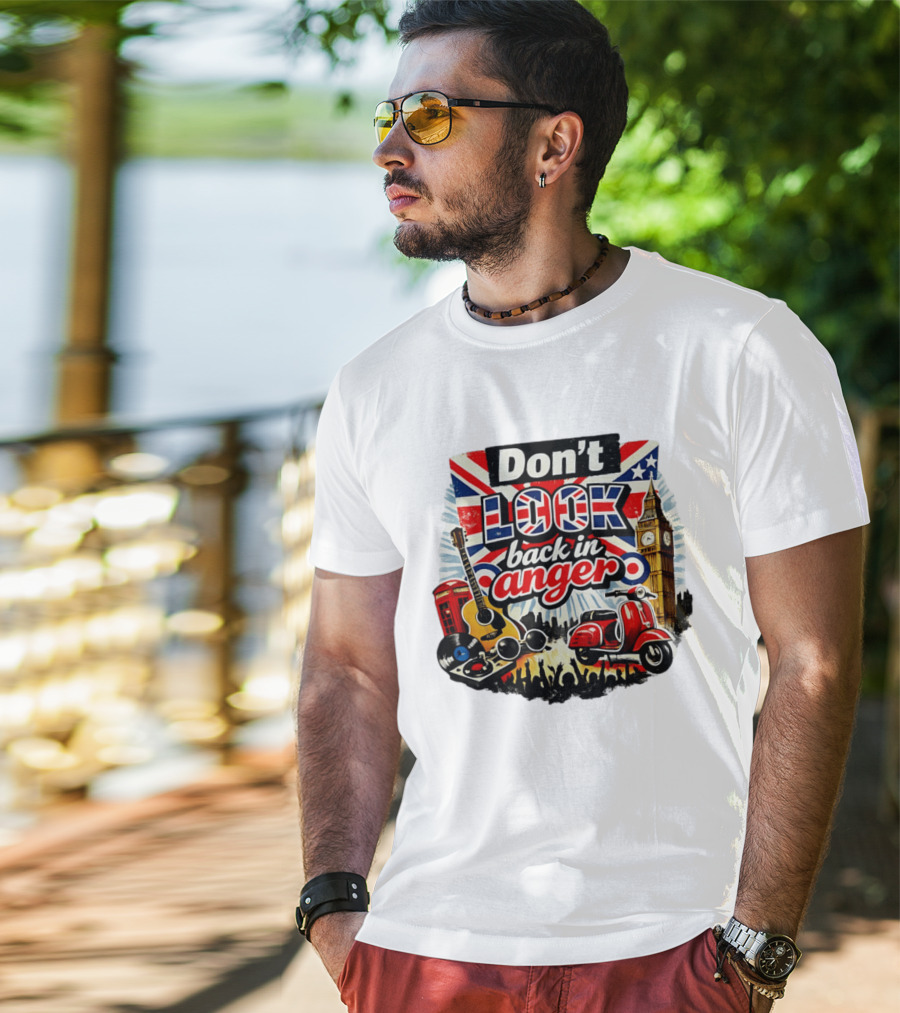 Don't Look Back In Anger UK Flag Vespa Guitar Big Ben Music T-Shirt