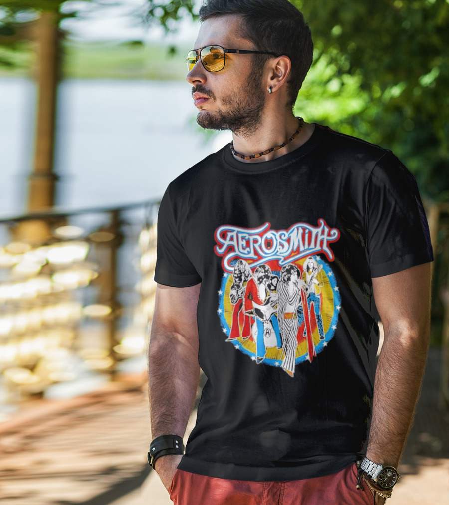 Aerosmith Vintage Band Members Illustration With Stars And Sunburst T-Shirt