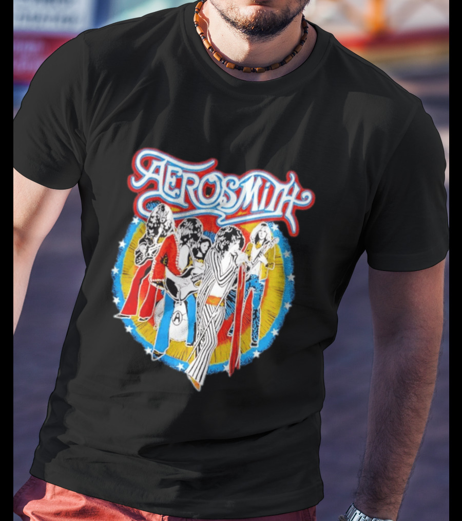 Aerosmith Vintage Band Members Illustration With Stars And Sunburst T-Shirt