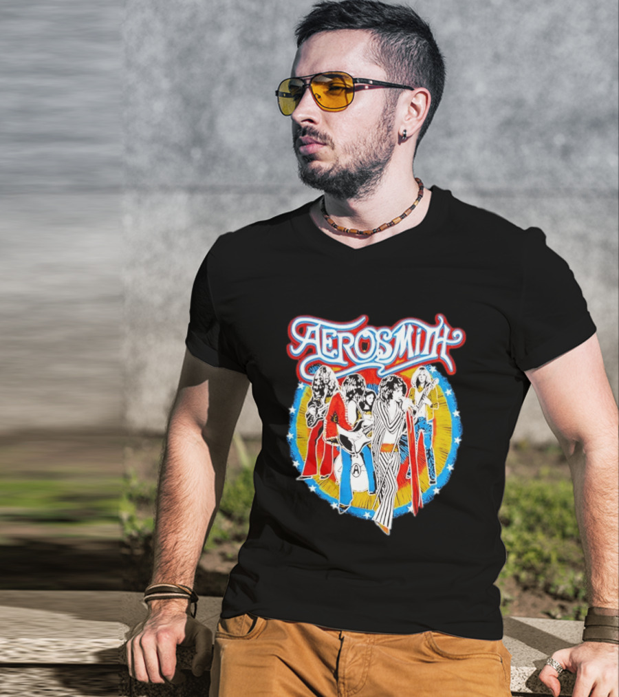 Aerosmith Vintage Band Members Illustration With Stars And Sunburst T-Shirt